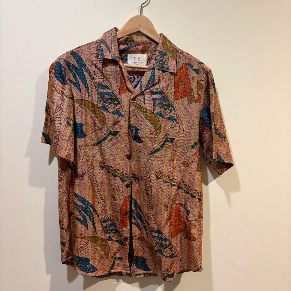Kissa Goi Short-Sleeve Button-Down Shirt - Pink Multicolor Abstract Print